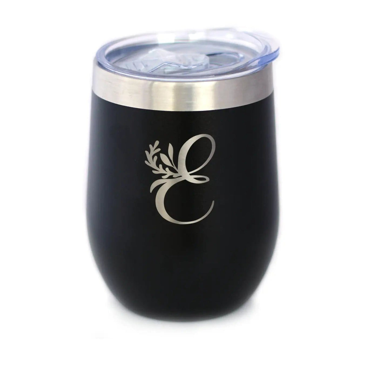 Insulated Stemless Wine Tumbler | 12 oz Stainless Steel | Sliding Lid | Monogram Floral Initial Letter E