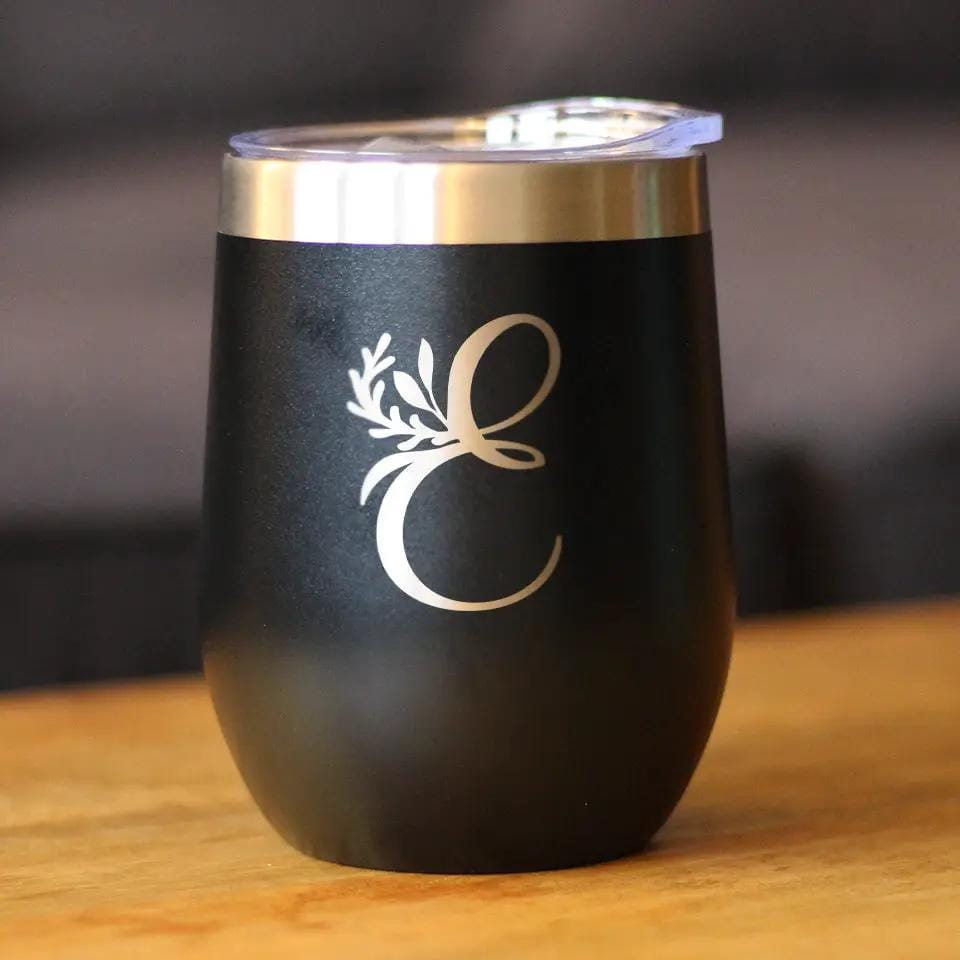 Insulated Stemless Wine Tumbler | 12 oz Stainless Steel | Sliding Lid | Monogram Floral Initial Letter E