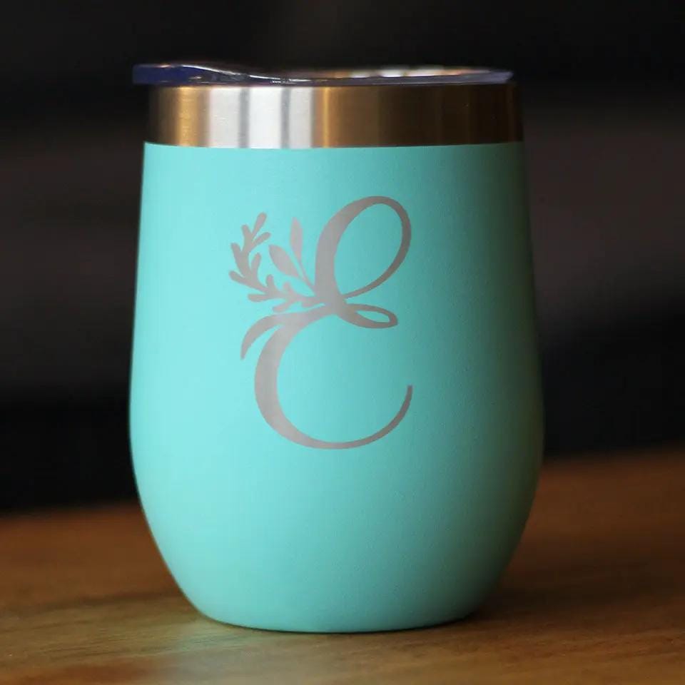 Insulated Stemless Wine Tumbler | 12 oz Stainless Steel | Sliding Lid | Monogram Floral Initial Letter E