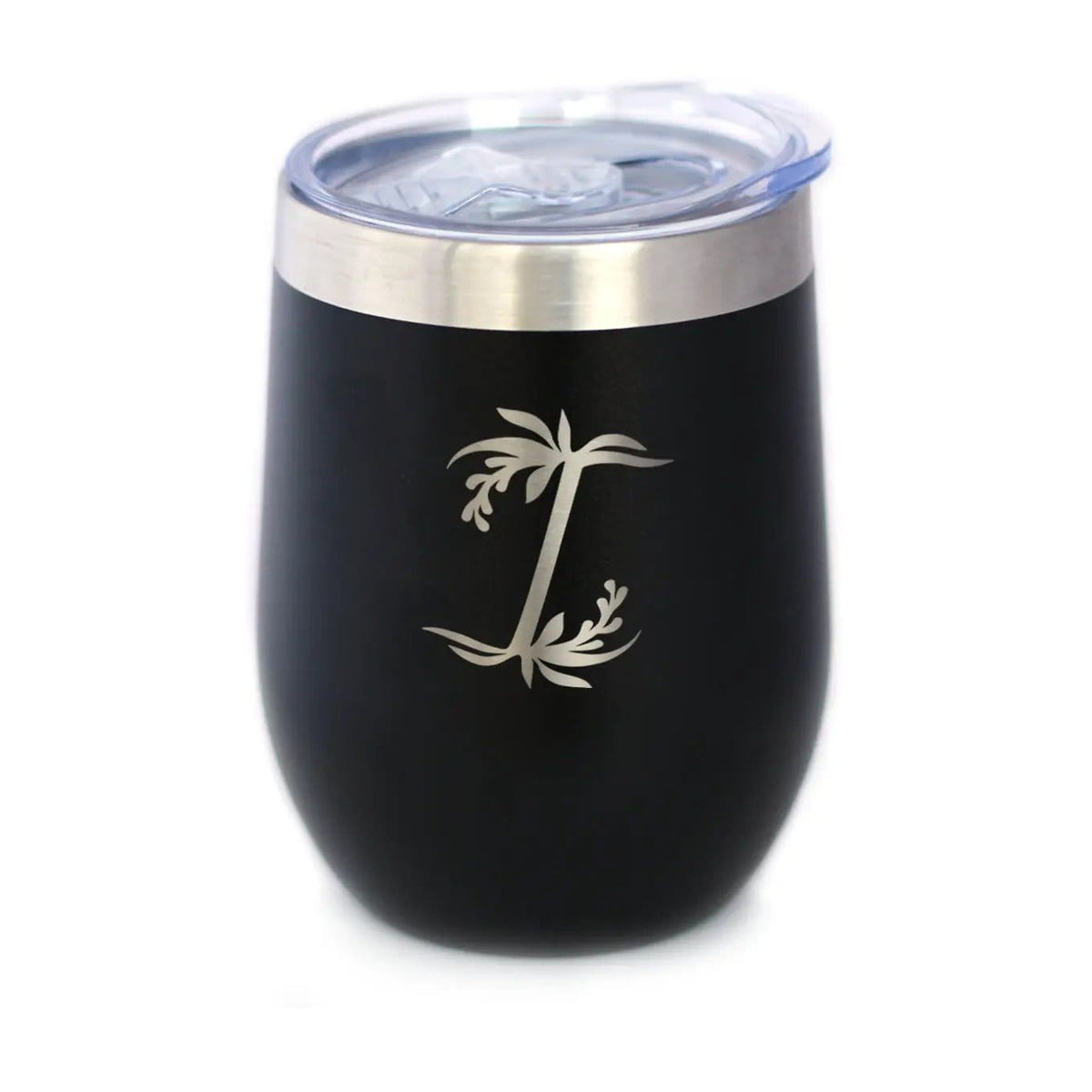 Insulated Stemless Wine Tumbler | 12 oz Stainless Steel | Sliding Lid | Monogram Floral Initial Letter I