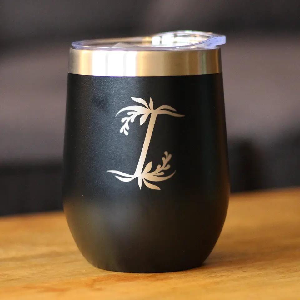 Insulated Stemless Wine Tumbler | 12 oz Stainless Steel | Sliding Lid | Monogram Floral Initial Letter I