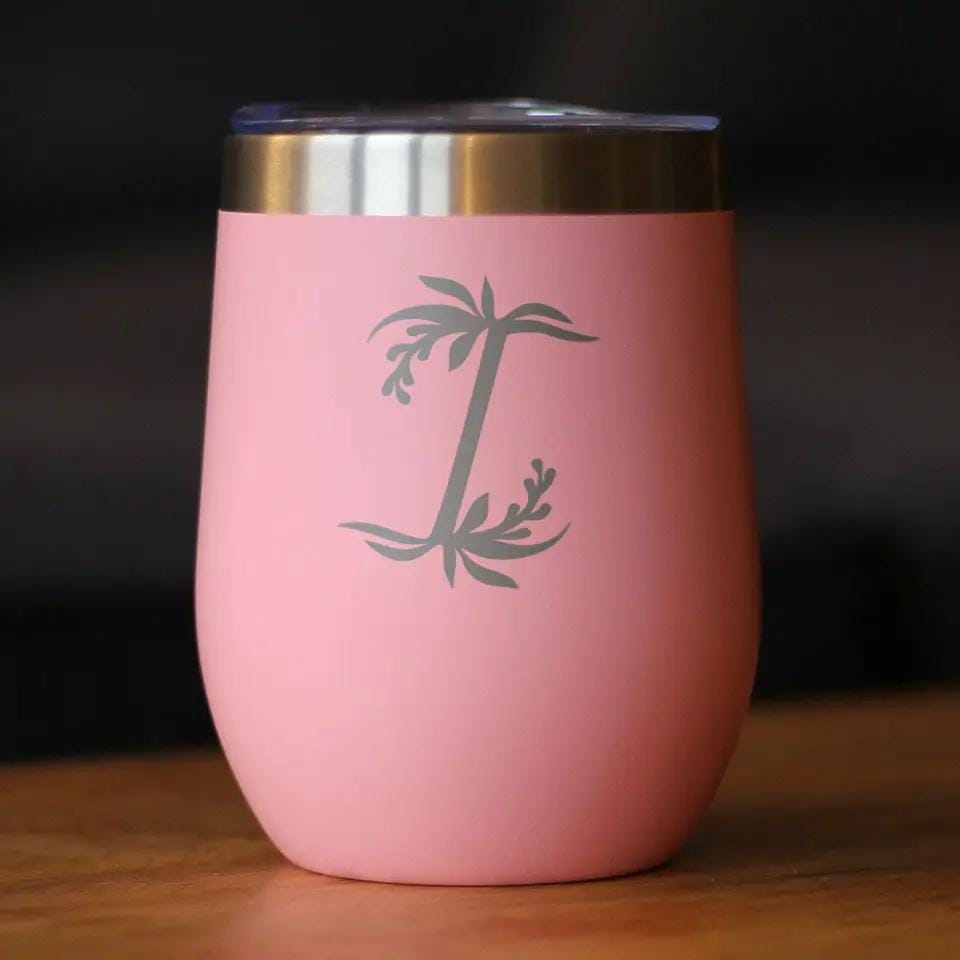 Insulated Stemless Wine Tumbler | 12 oz Stainless Steel | Sliding Lid | Monogram Floral Initial Letter I