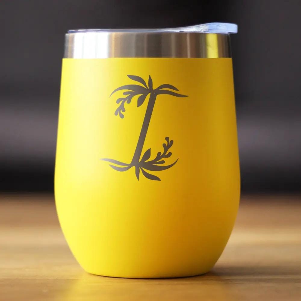 Insulated Stemless Wine Tumbler | 12 oz Stainless Steel | Sliding Lid | Monogram Floral Initial Letter I