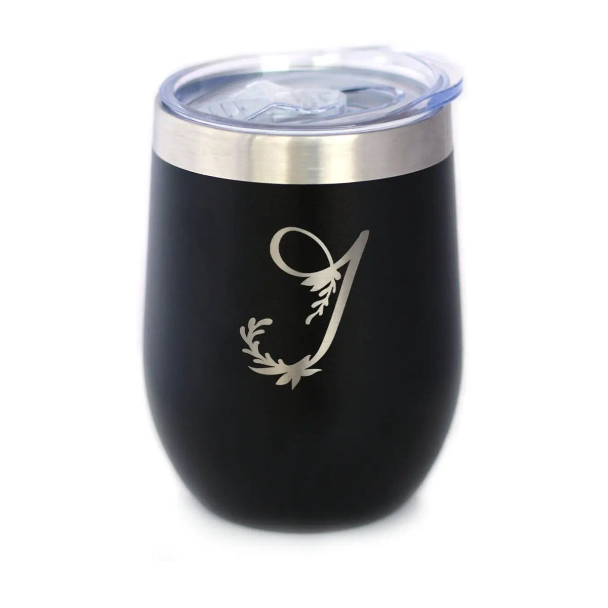 Insulated Stemless Wine Tumbler | 12 oz Stainless Steel | Sliding Lid | Monogram Floral Initial Letter J