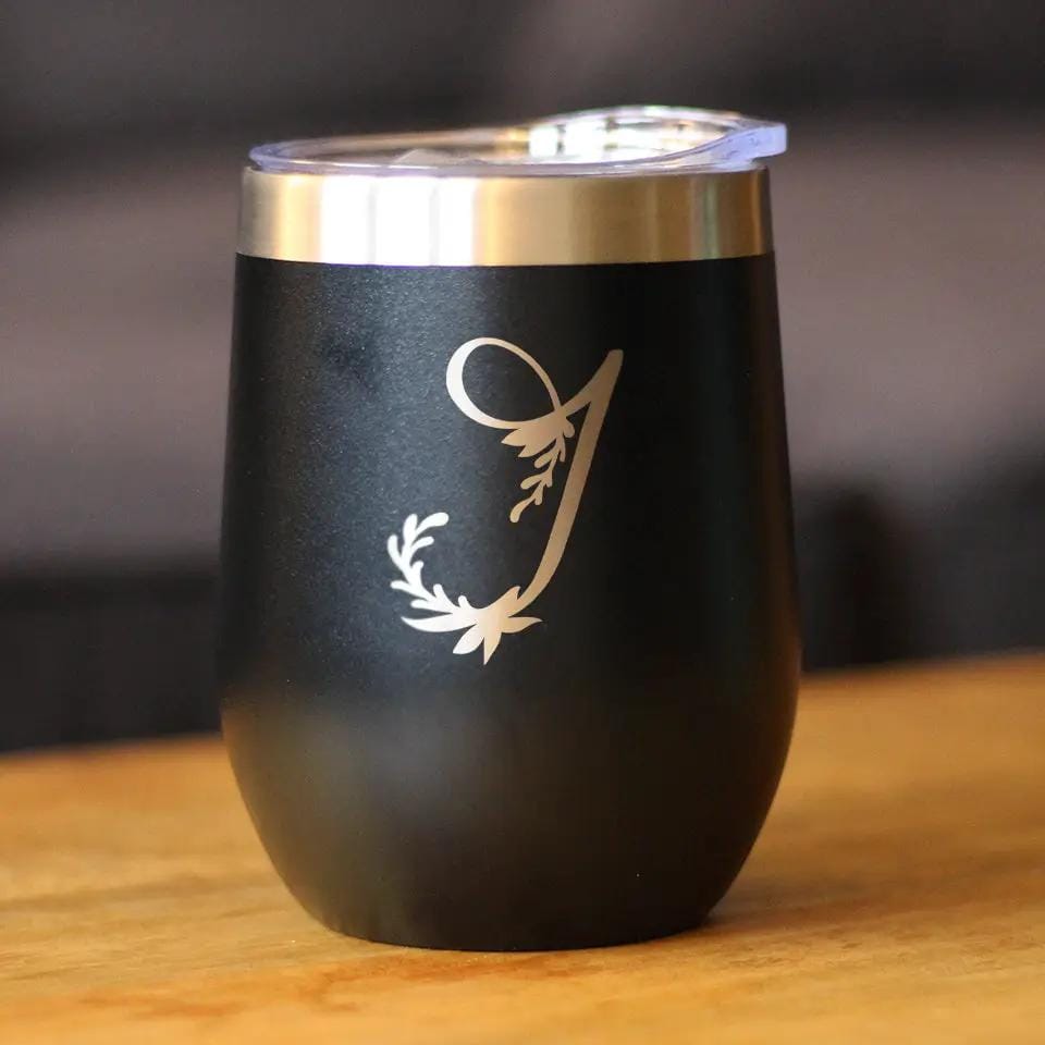 Insulated Stemless Wine Tumbler | 12 oz Stainless Steel | Sliding Lid | Monogram Floral Initial Letter J