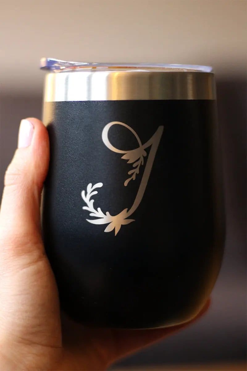 Insulated Stemless Wine Tumbler | 12 oz Stainless Steel | Sliding Lid | Monogram Floral Initial Letter J