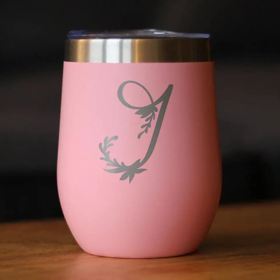 Insulated Stemless Wine Tumbler | 12 oz Stainless Steel | Sliding Lid | Monogram Floral Initial Letter J