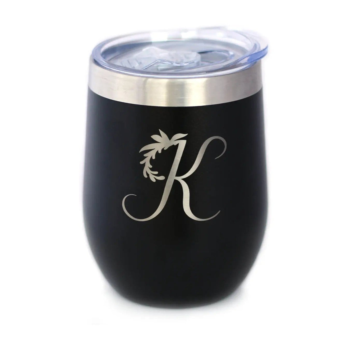 Insulated Stemless Wine Tumbler | 12 oz Stainless Steel | Sliding Lid | Monogram Floral Initial Letter K