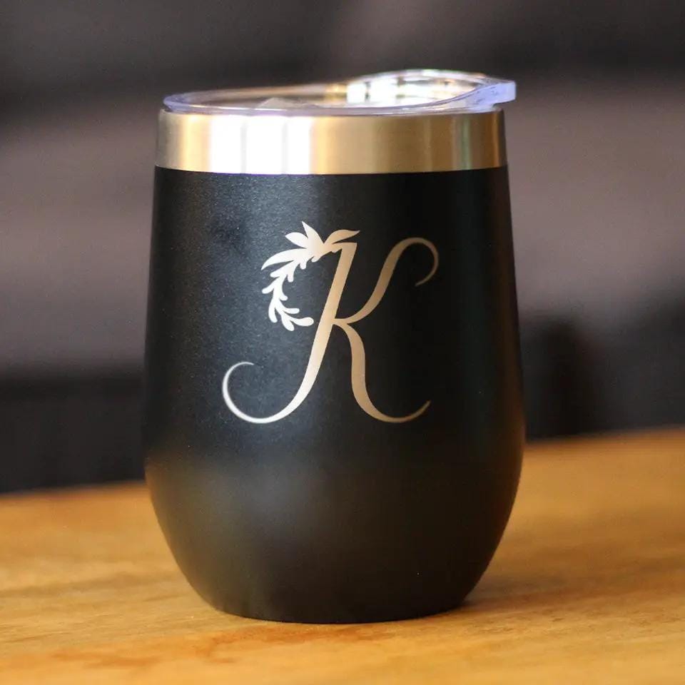 Insulated Stemless Wine Tumbler | 12 oz Stainless Steel | Sliding Lid | Monogram Floral Initial Letter K