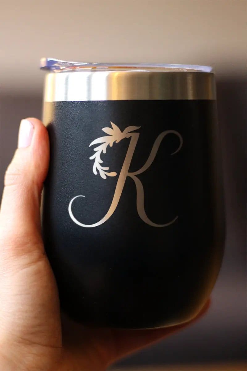 Insulated Stemless Wine Tumbler | 12 oz Stainless Steel | Sliding Lid | Monogram Floral Initial Letter K