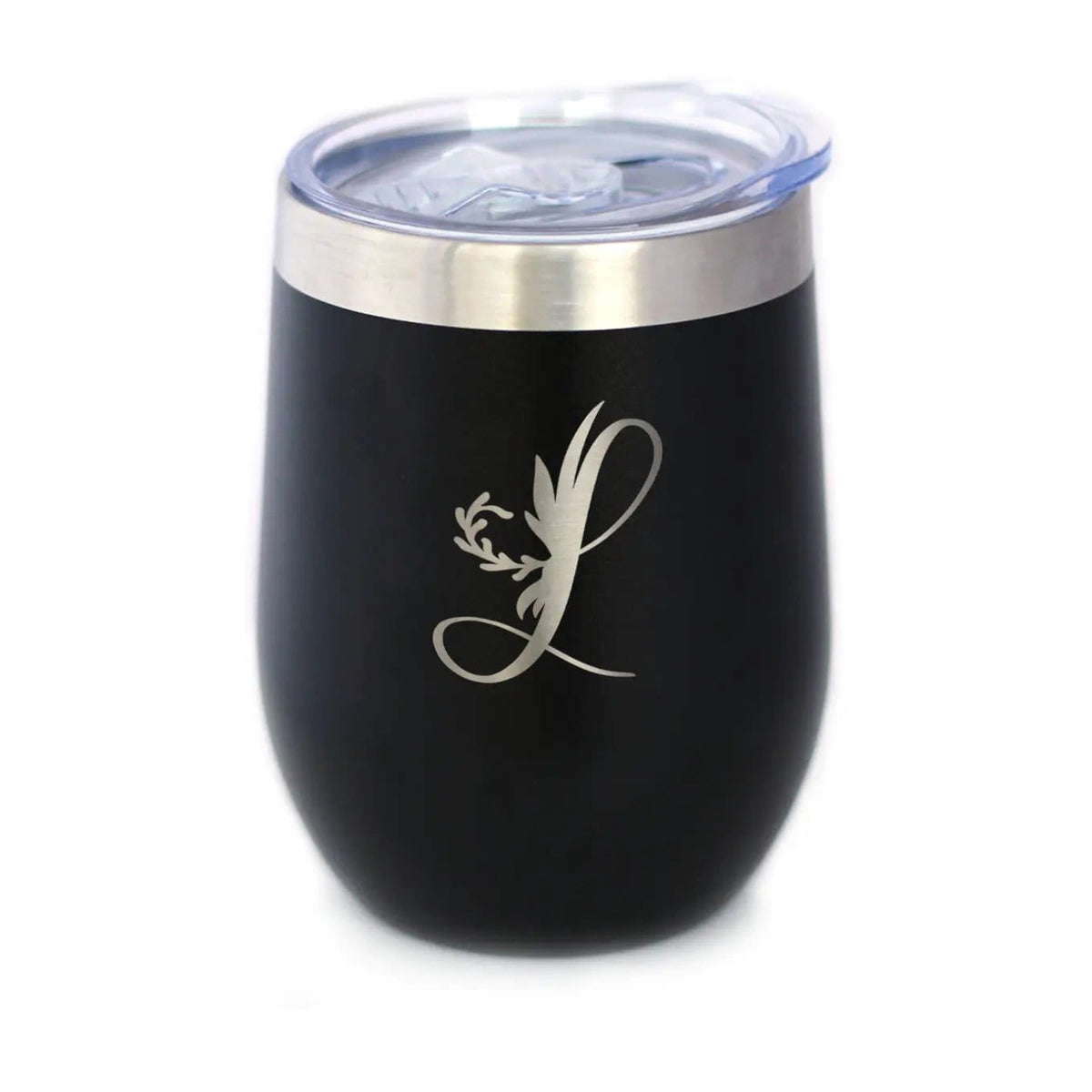 Insulated Stemless Wine Tumbler | 12 oz Stainless Steel | Sliding Lid | Monogram Floral Initial Letter L