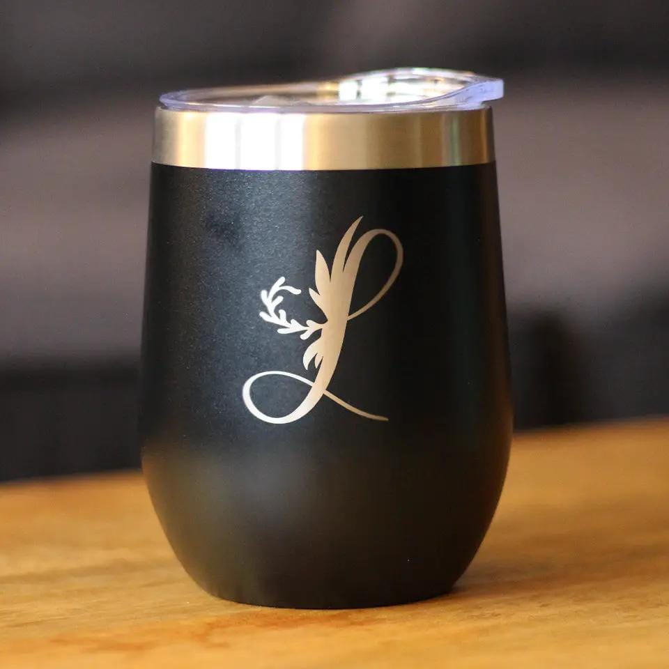 Insulated Stemless Wine Tumbler | 12 oz Stainless Steel | Sliding Lid | Monogram Floral Initial Letter L