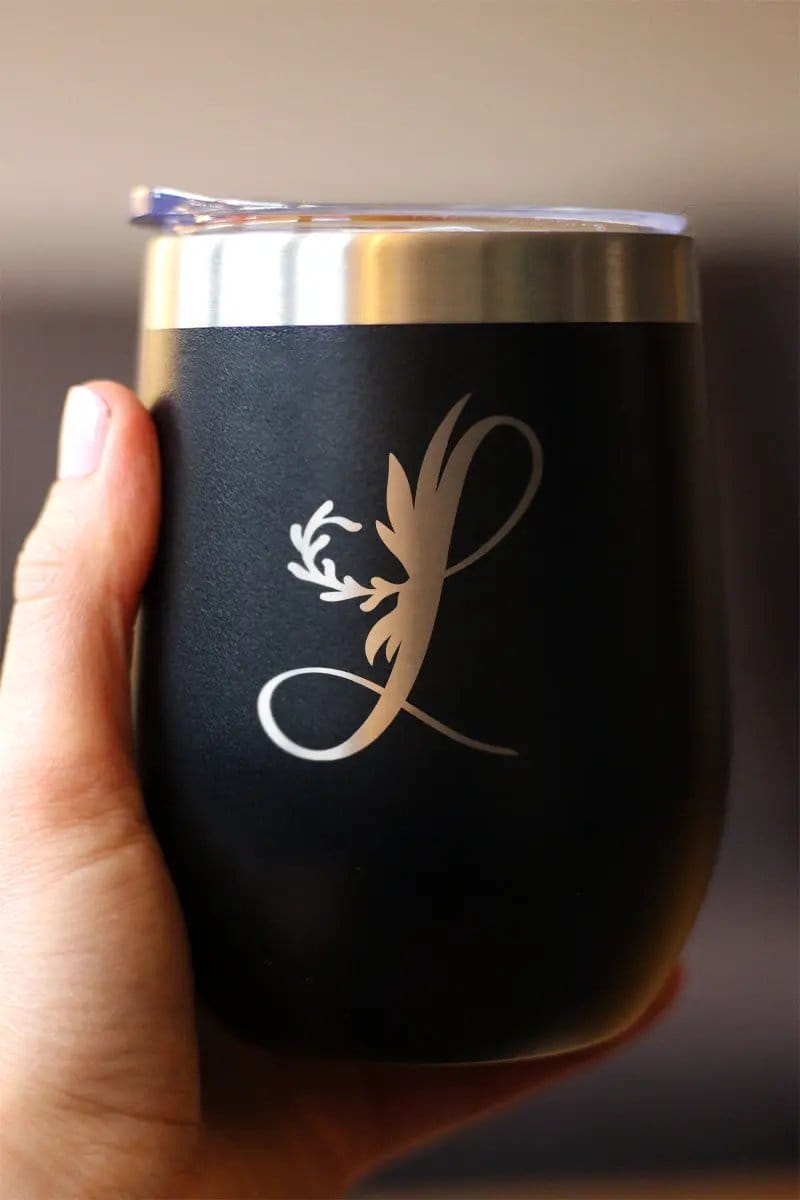 Insulated Stemless Wine Tumbler | 12 oz Stainless Steel | Sliding Lid | Monogram Floral Initial Letter L