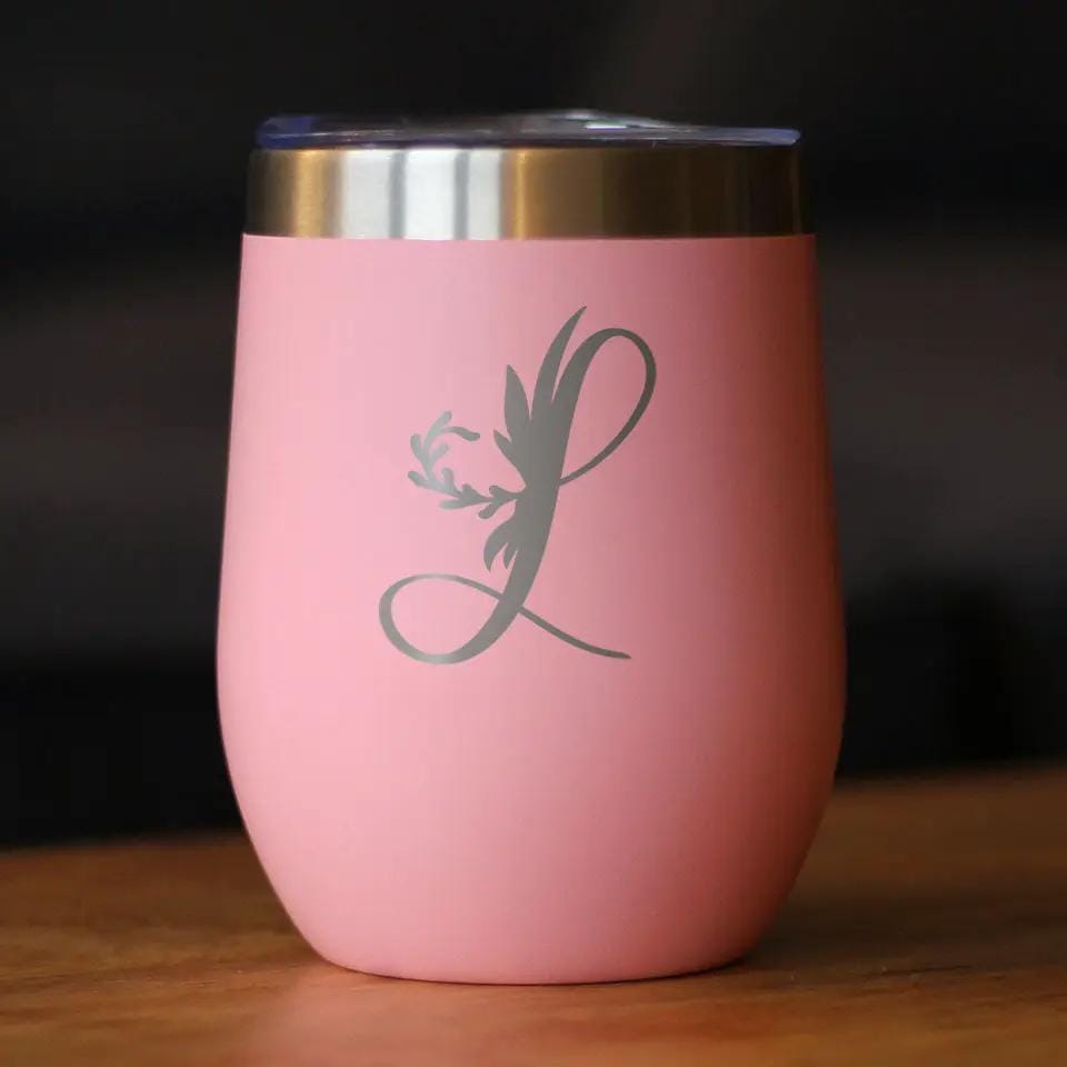 Insulated Stemless Wine Tumbler | 12 oz Stainless Steel | Sliding Lid | Monogram Floral Initial Letter L