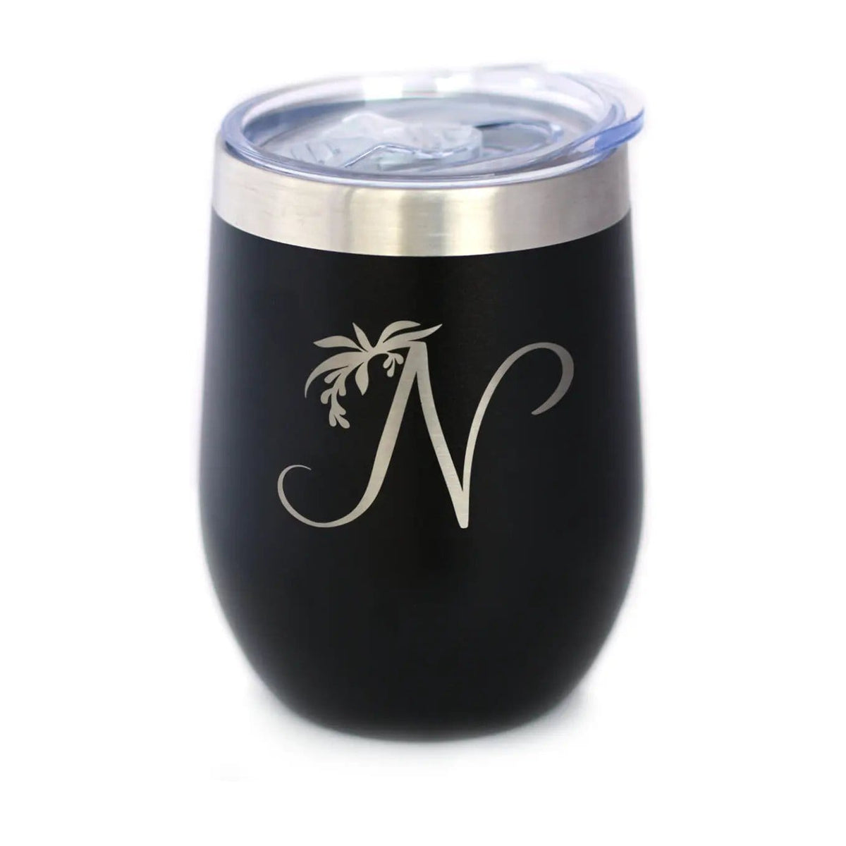 Insulated Stemless Wine Tumbler | 12 oz Stainless Steel | Sliding Lid | Monogram Floral Initial Letter N