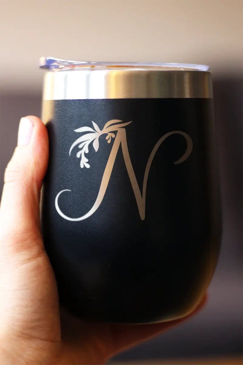 Insulated Stemless Wine Tumbler | 12 oz Stainless Steel | Sliding Lid | Monogram Floral Initial Letter N