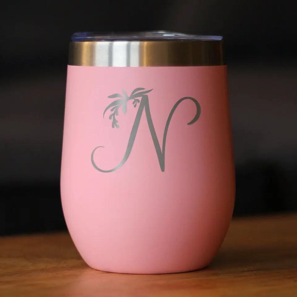 Insulated Stemless Wine Tumbler | 12 oz Stainless Steel | Sliding Lid | Monogram Floral Initial Letter N