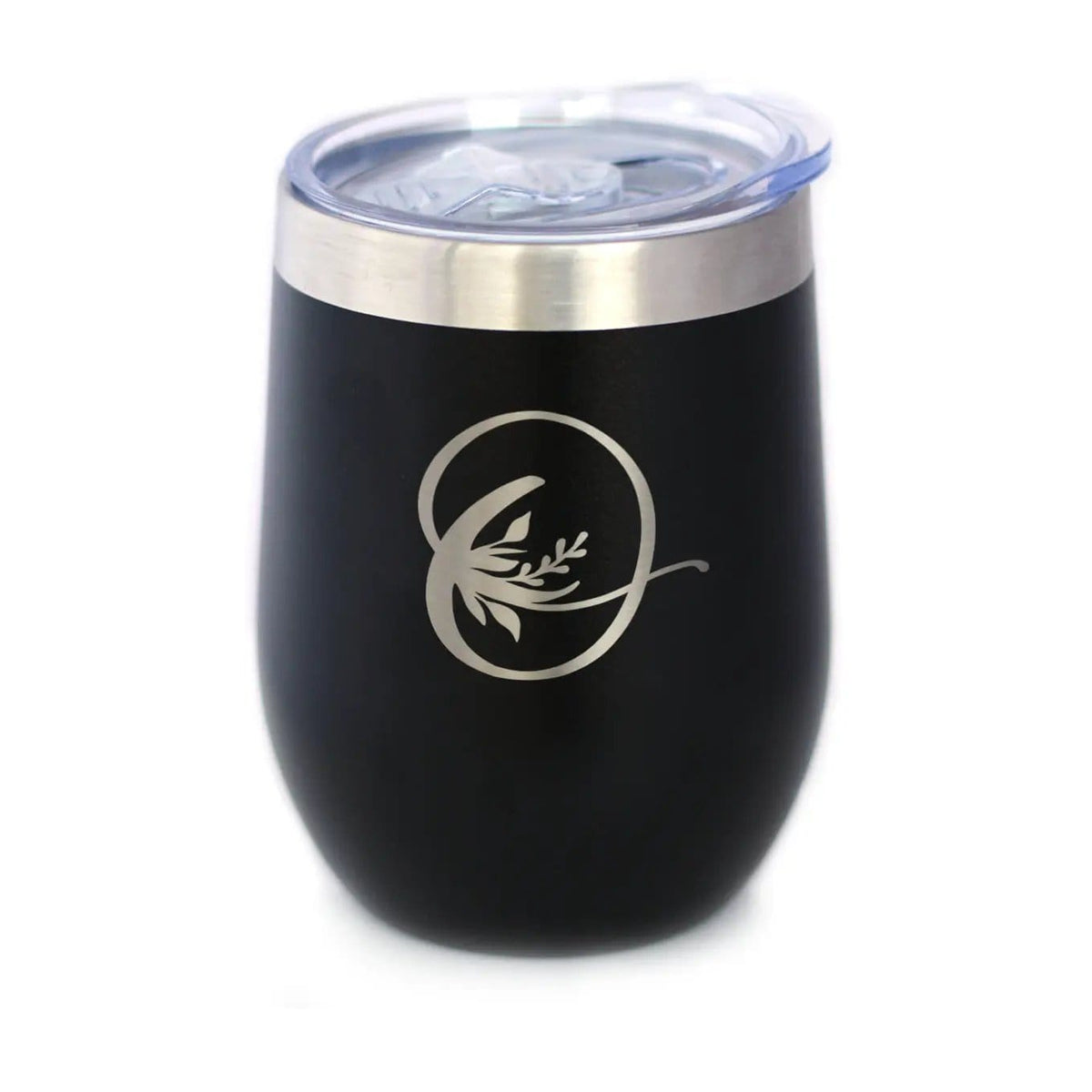 Insulated Stemless Wine Tumbler | 12 oz Stainless Steel | Sliding Lid | Monogram Floral Initial Letter O