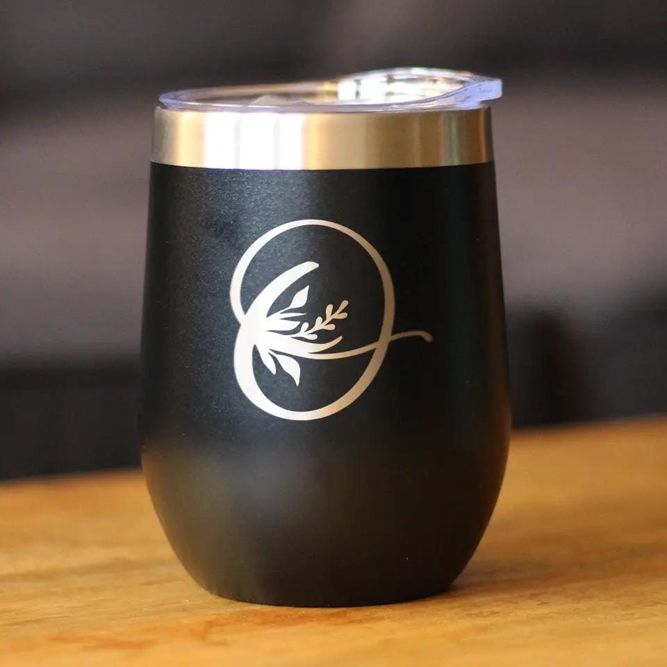 Insulated Stemless Wine Tumbler | 12 oz Stainless Steel | Sliding Lid | Monogram Floral Initial Letter O