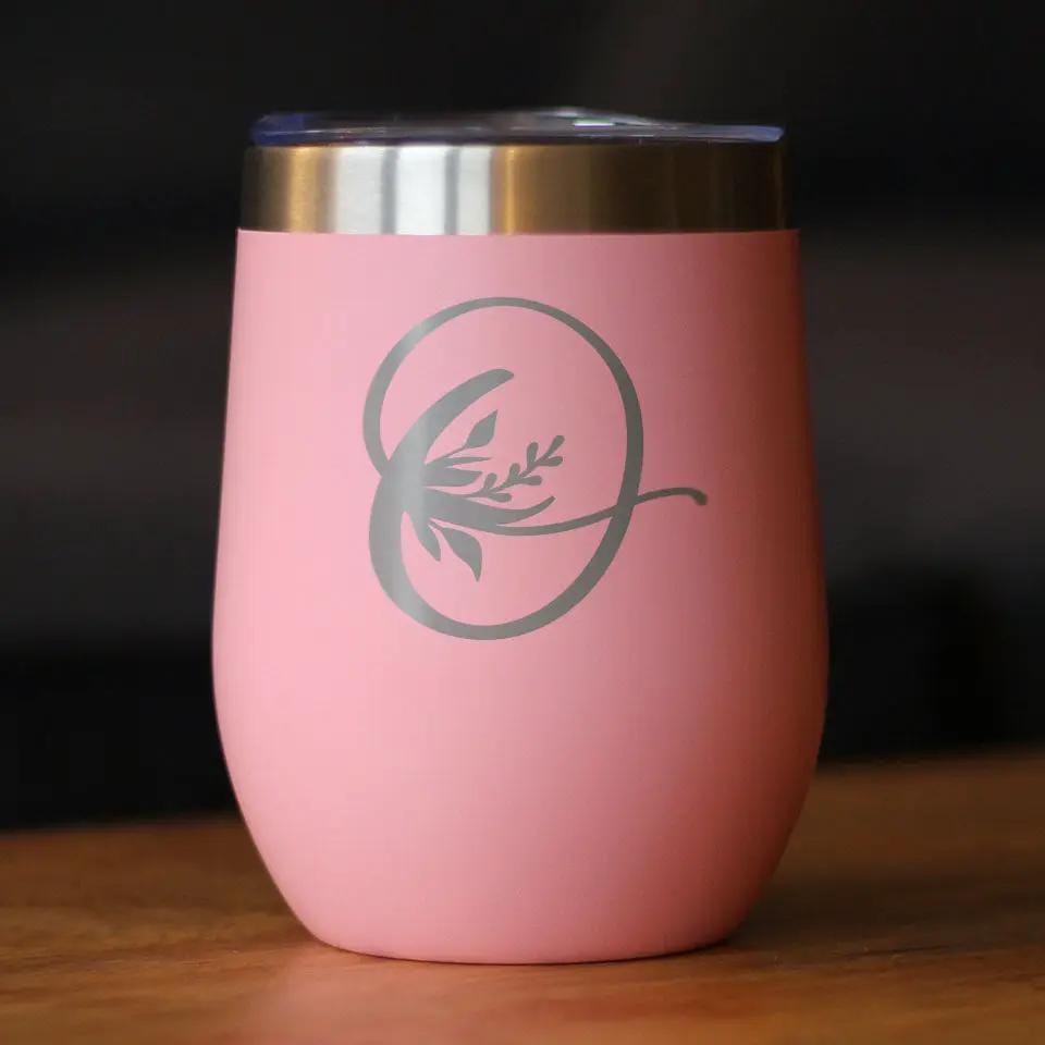 Insulated Stemless Wine Tumbler | 12 oz Stainless Steel | Sliding Lid | Monogram Floral Initial Letter O