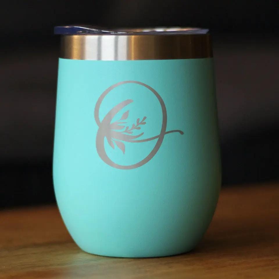 Insulated Stemless Wine Tumbler | 12 oz Stainless Steel | Sliding Lid | Monogram Floral Initial Letter O
