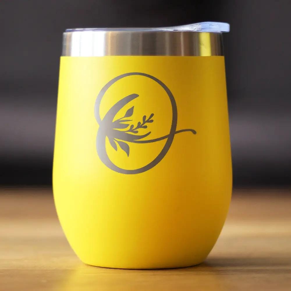 Insulated Stemless Wine Tumbler | 12 oz Stainless Steel | Sliding Lid | Monogram Floral Initial Letter O