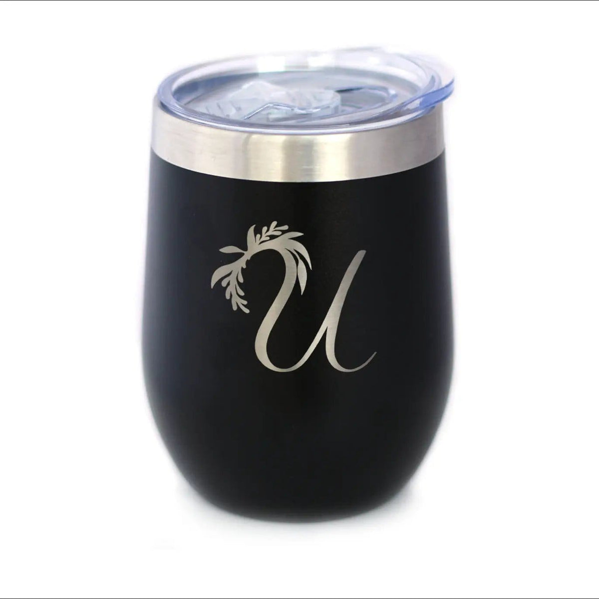 Insulated Stemless Wine Tumbler | 12 oz Stainless Steel | Sliding Lid | Monogram Floral Initial Letter U