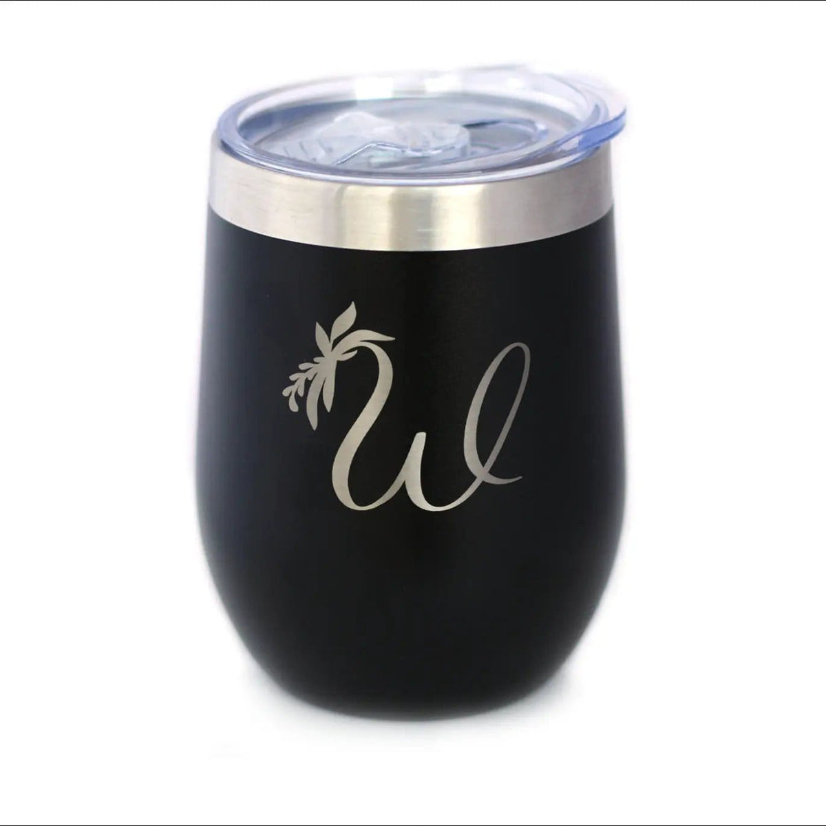 Insulated Stemless Wine Tumbler | 12 oz Stainless Steel | Sliding Lid | Monogram Floral Initial Letter W