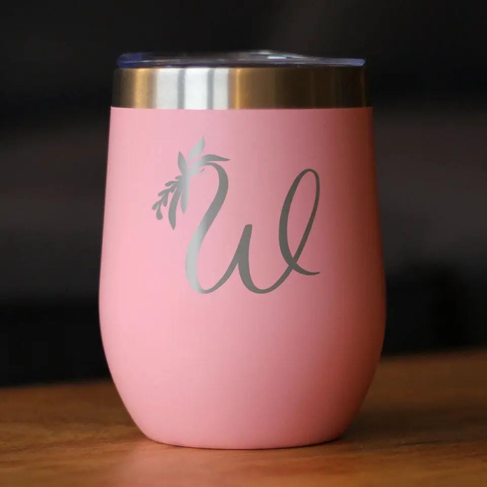 Insulated Stemless Wine Tumbler | 12 oz Stainless Steel | Sliding Lid | Monogram Floral Initial Letter W