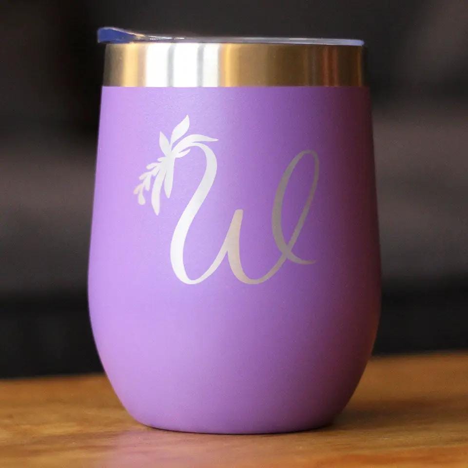 Insulated Stemless Wine Tumbler | 12 oz Stainless Steel | Sliding Lid | Monogram Floral Initial Letter W