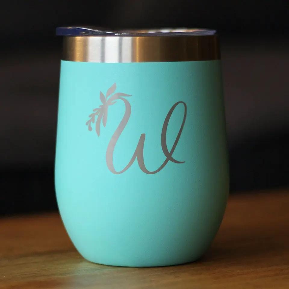 Insulated Stemless Wine Tumbler | 12 oz Stainless Steel | Sliding Lid | Monogram Floral Initial Letter W