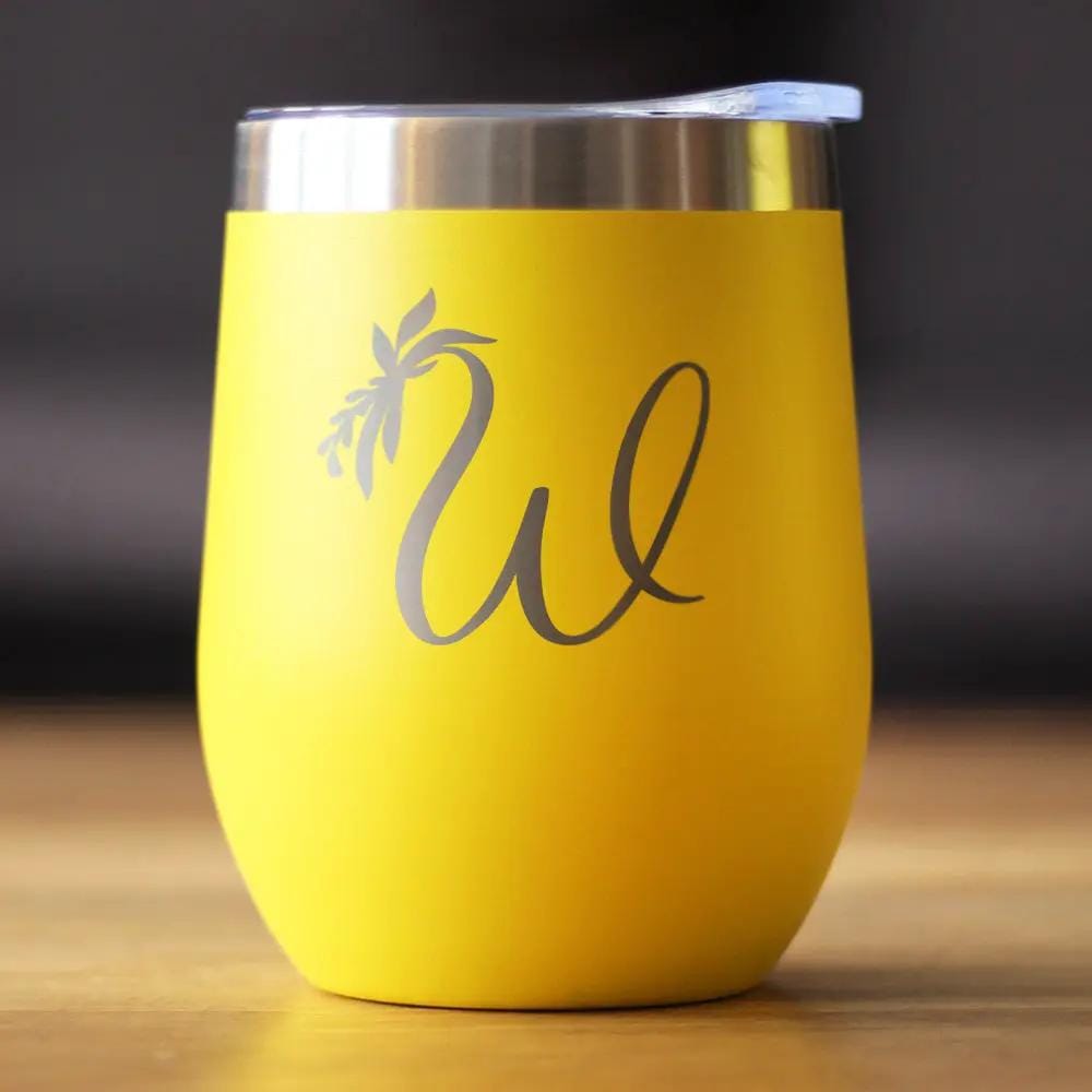 Insulated Stemless Wine Tumbler | 12 oz Stainless Steel | Sliding Lid | Monogram Floral Initial Letter W