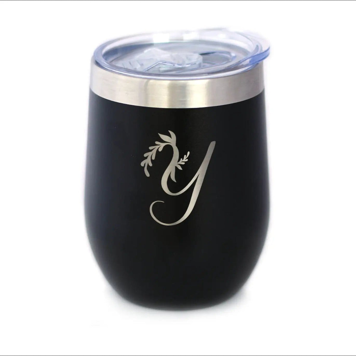 Insulated Stemless Wine Tumbler | 12 oz Stainless Steel | Sliding Lid | Monogram Floral Initial Letter Y