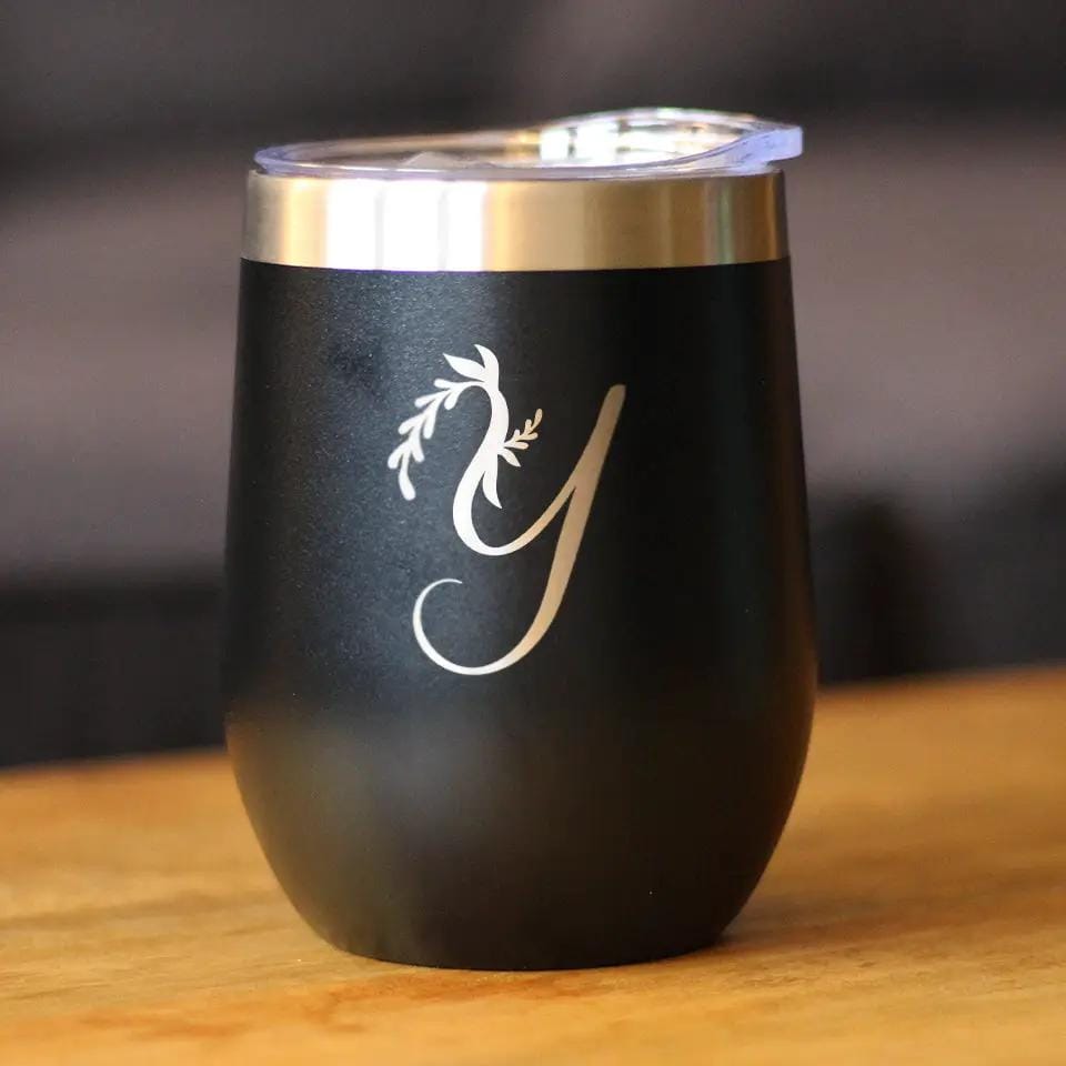Insulated Stemless Wine Tumbler | 12 oz Stainless Steel | Sliding Lid | Monogram Floral Initial Letter Y