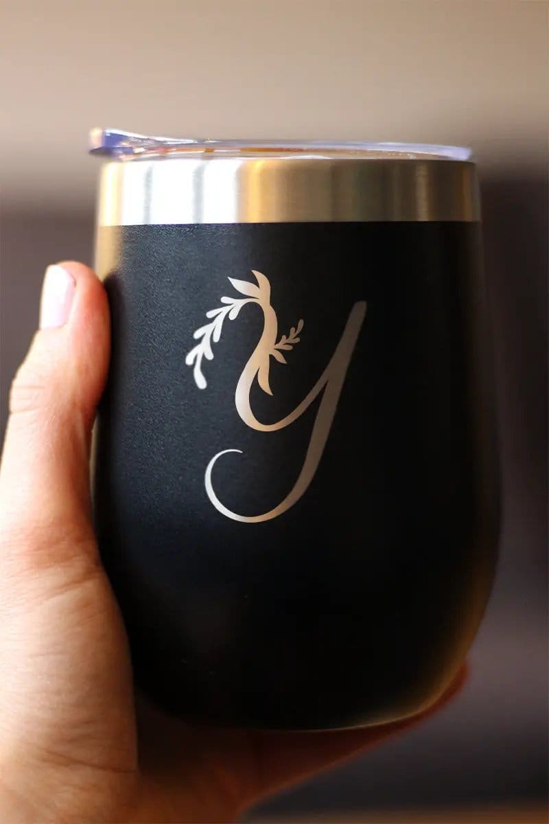 Insulated Stemless Wine Tumbler | 12 oz Stainless Steel | Sliding Lid | Monogram Floral Initial Letter Y