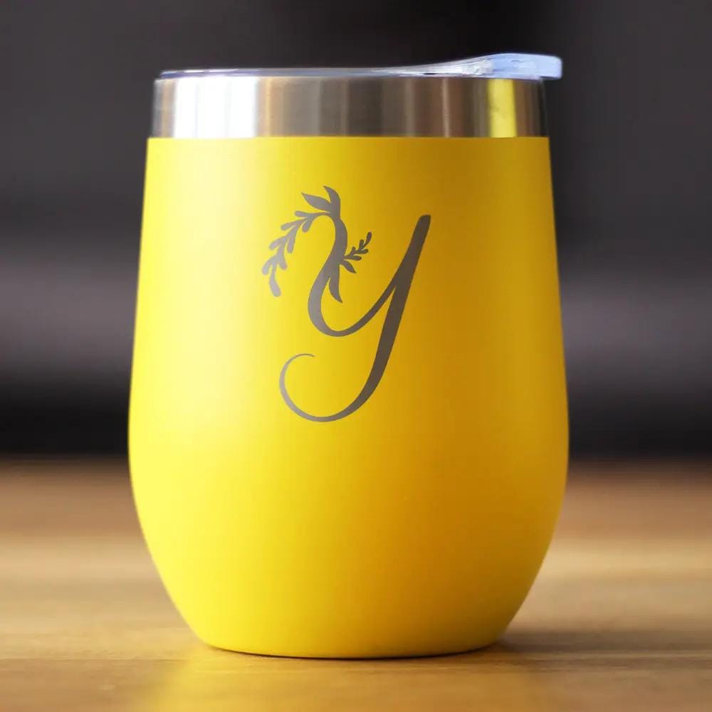 Insulated Stemless Wine Tumbler | 12 oz Stainless Steel | Sliding Lid | Monogram Floral Initial Letter Y