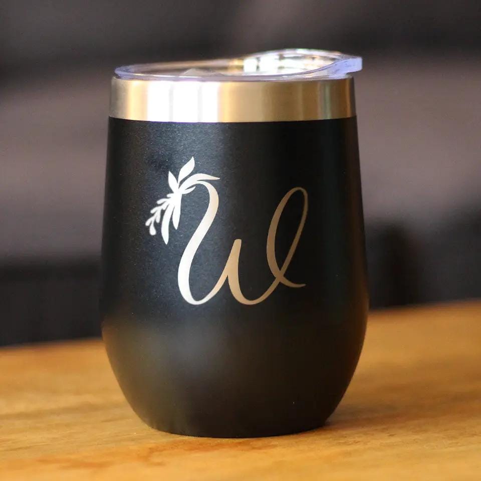 Insulated Stemless Wine Tumbler | 12 oz Stainless Steel | Sliding Lid | Monogram Floral Initial Letter W