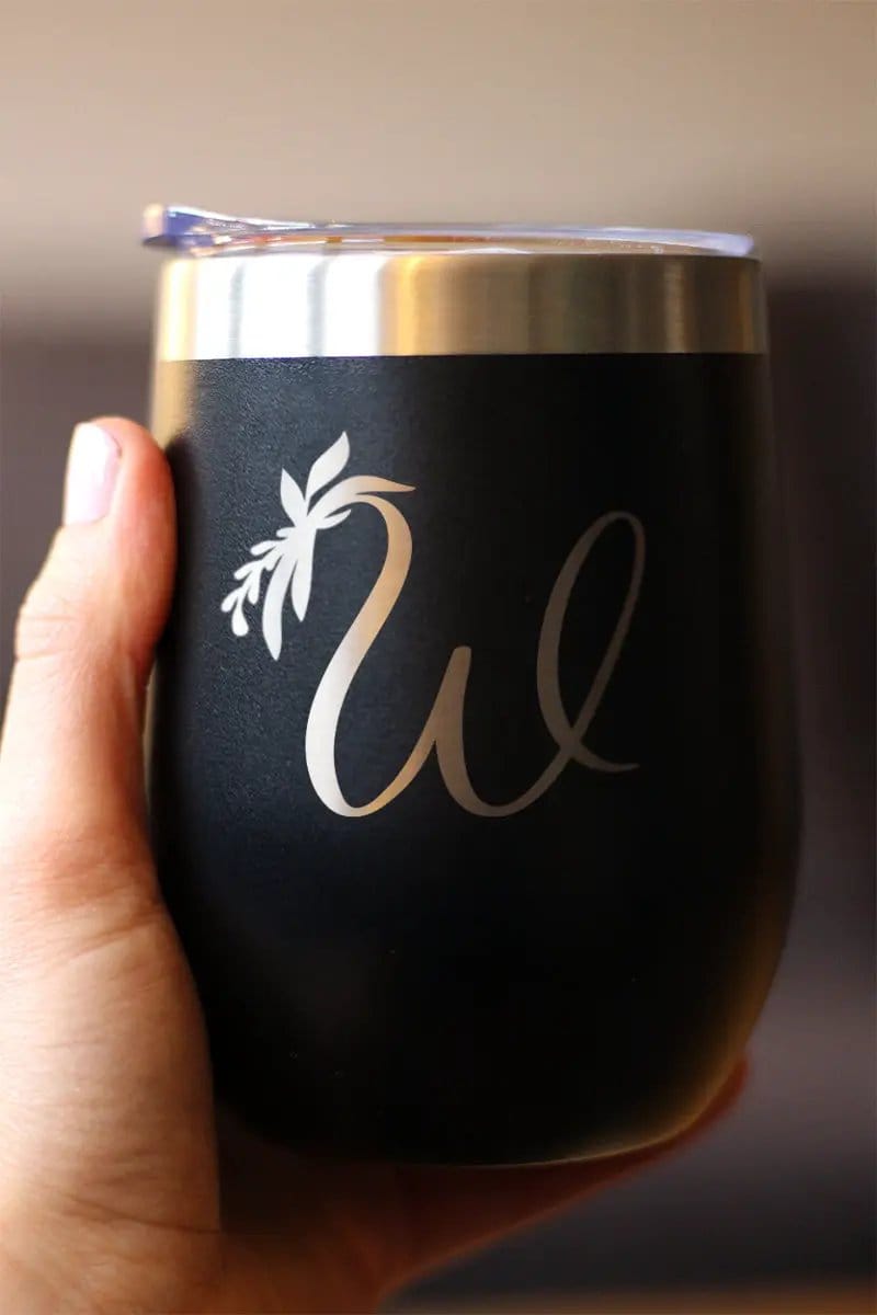 Insulated Stemless Wine Tumbler | 12 oz Stainless Steel | Sliding Lid | Monogram Floral Initial Letter W