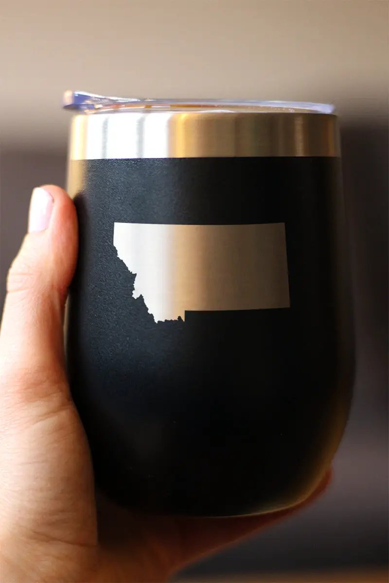 Montana State Outline Wine Tumbler | 12 Oz Double Wall Stainless Steel | Sliding Lid | Montana Gifts For Women and