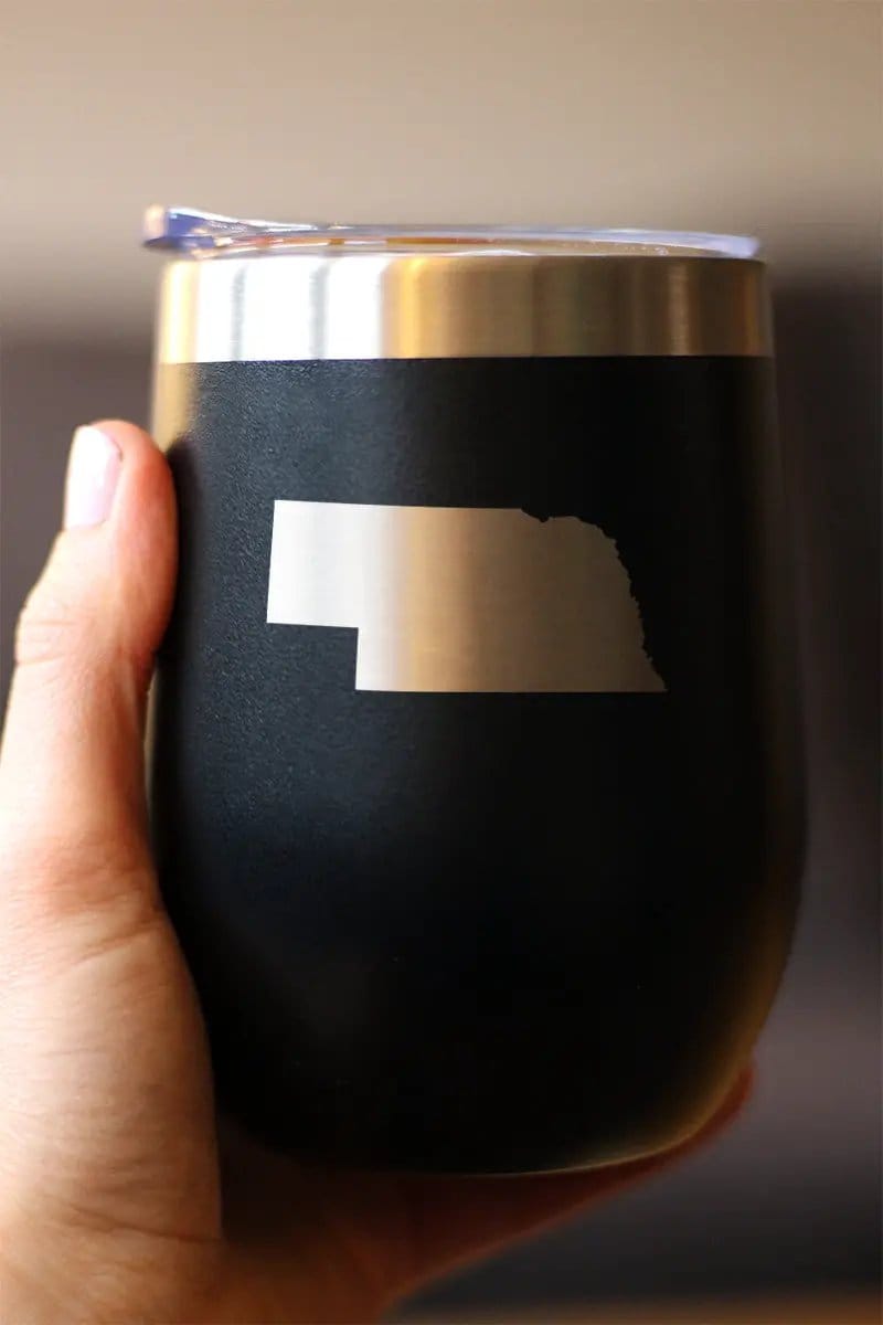 Insulated Stemless Wine Tumbler | 12 oz Stainless Steel | Sliding Lid | Nebraska State Outline