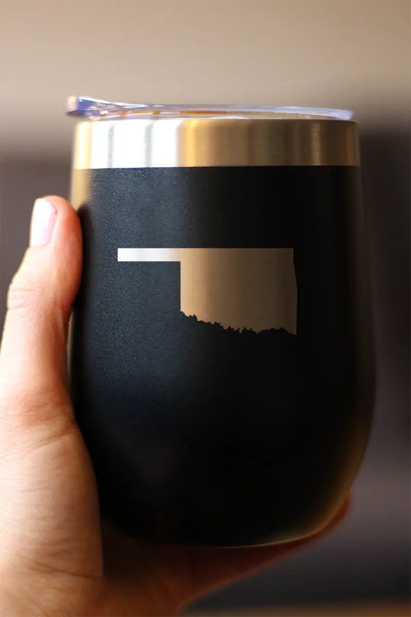Oklahoma State Outline Wine Tumbler | 12 Oz Double Wall Stainless Steel | Sliding Lid | Oklahoma Gifts For Women and