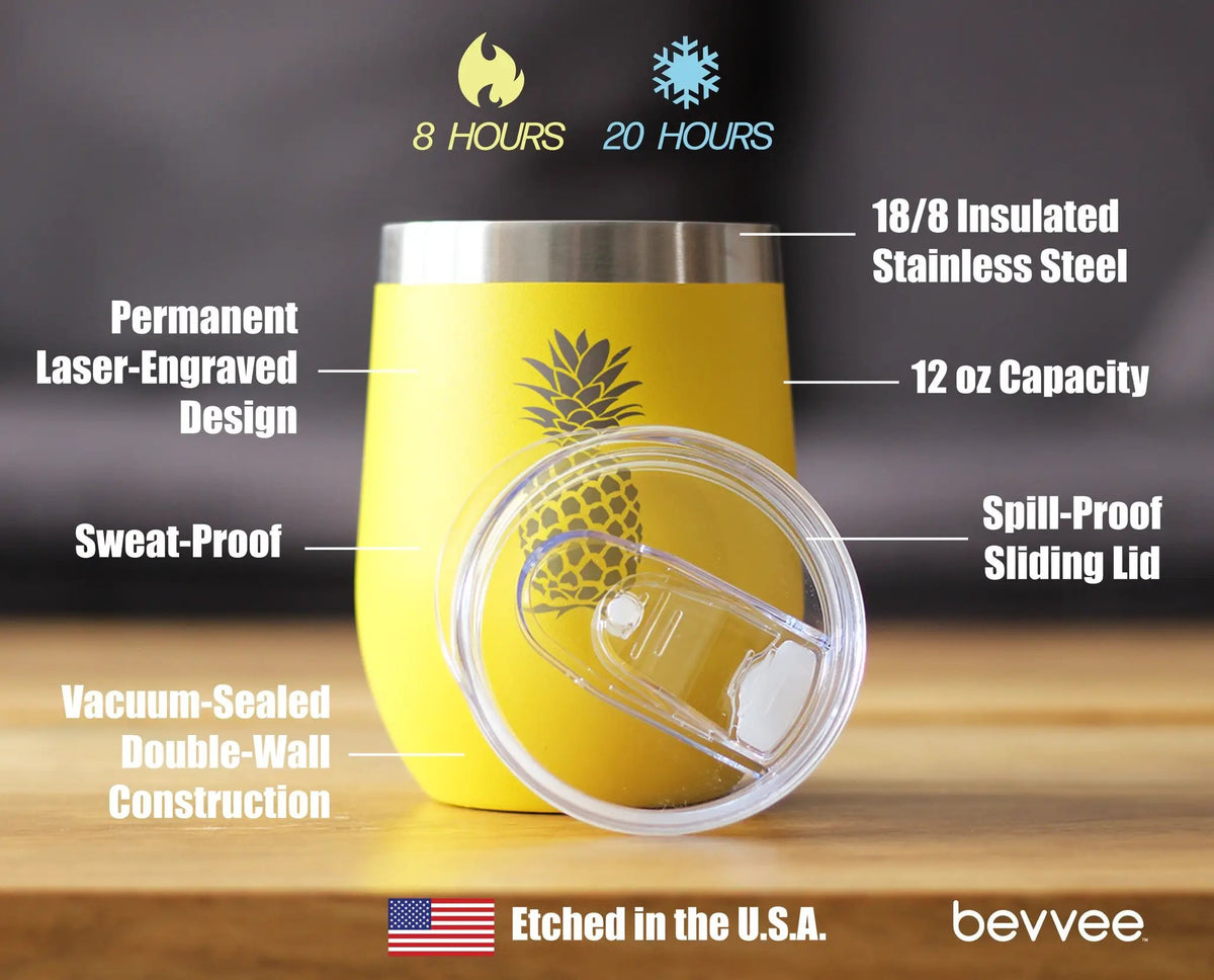 Pineapple Wine Tumbler | 12 Oz | Double Wall Stainless Steel | Sliding Lid