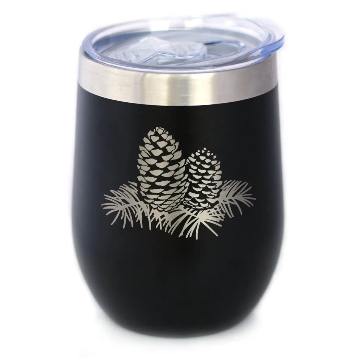 Insulated Stemless Wine Tumbler | 12 oz Stainless Steel | Sliding Lid | Pinecones - Cute Rustic and Cabin Themed Decorations