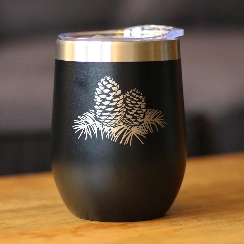 Insulated Stemless Wine Tumbler | 12 oz Stainless Steel | Sliding Lid | Pinecones - Cute Rustic and Cabin Themed Decorations