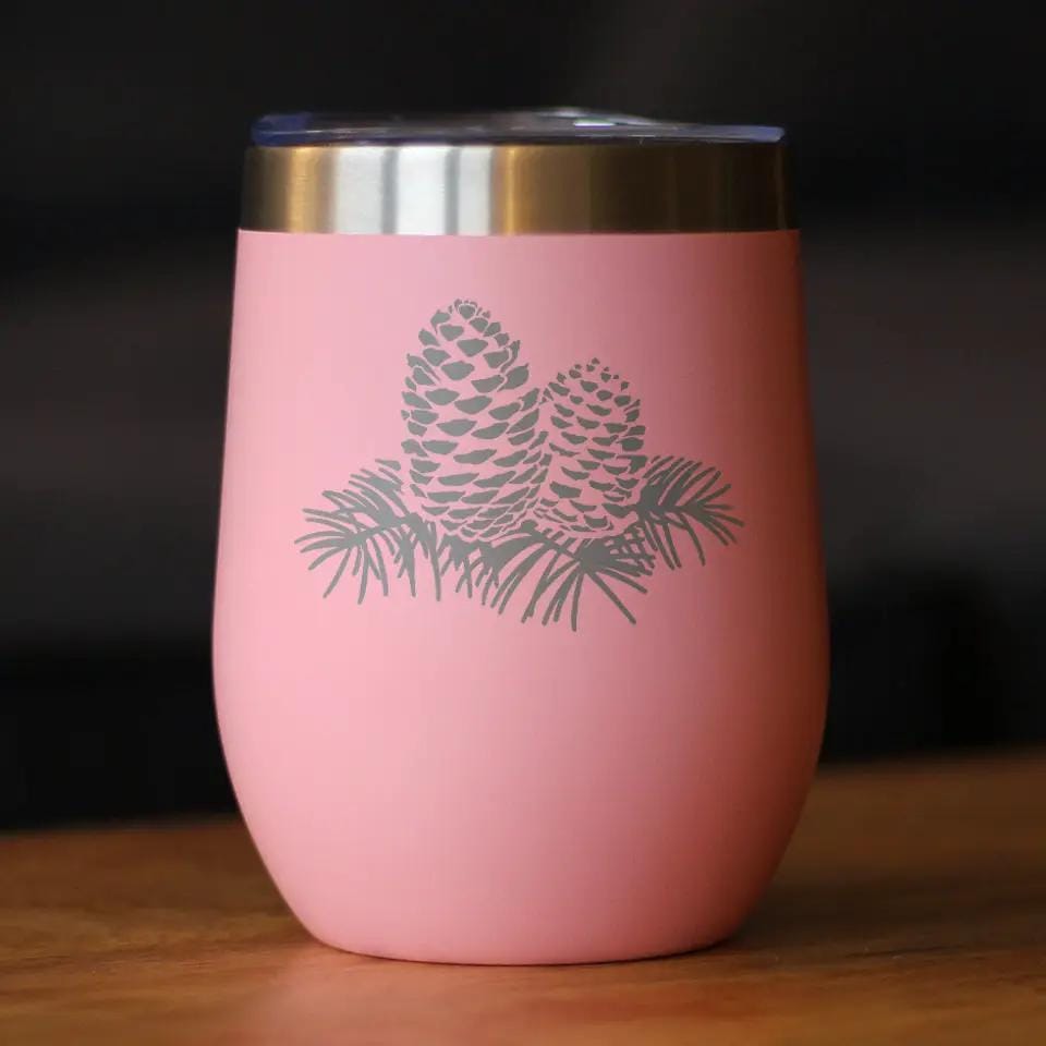 Insulated Stemless Wine Tumbler | 12 oz Stainless Steel | Sliding Lid | Pinecones - Cute Rustic and Cabin Themed Decorations