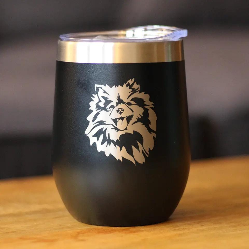 Insulated Stemless Wine Tumbler | 12 oz Stainless Steel | Sliding Lid | Pomeranian Face