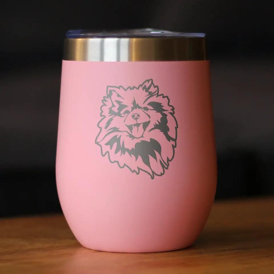 Insulated Stemless Wine Tumbler | 12 oz Stainless Steel | Sliding Lid | Pomeranian Face