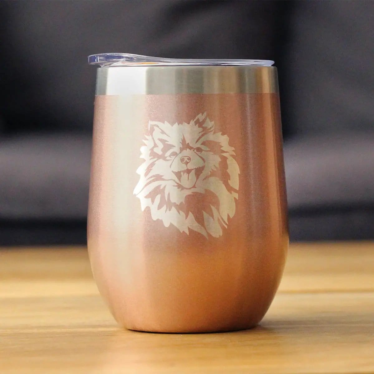 Insulated Stemless Wine Tumbler | 12 oz Stainless Steel | Sliding Lid | Pomeranian Face