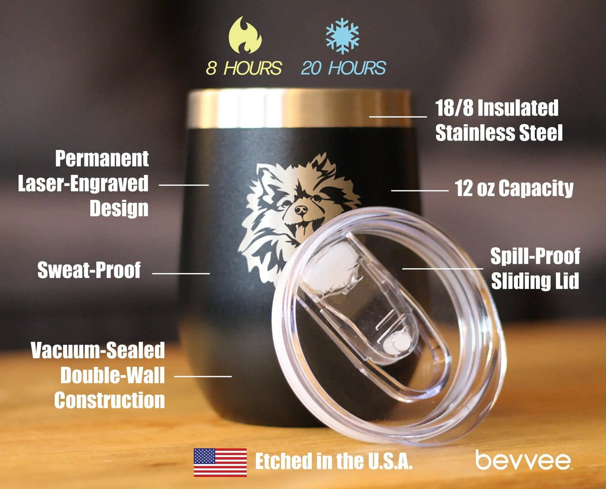 Insulated Stemless Wine Tumbler | 12 oz Stainless Steel | Sliding Lid | Pomeranian Face