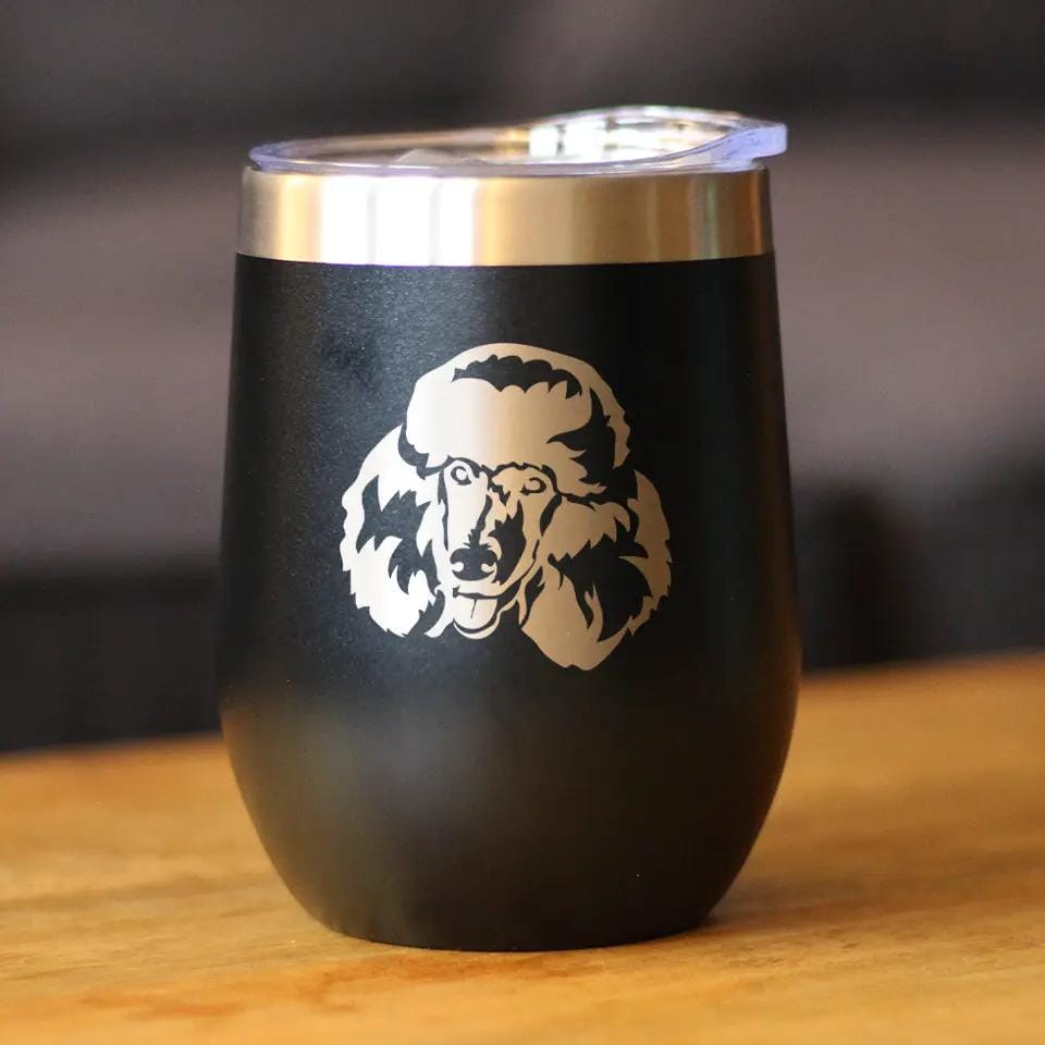 Insulated Stemless Wine Tumbler | 12 oz Stainless Steel | Sliding Lid | Poodle Happy Face